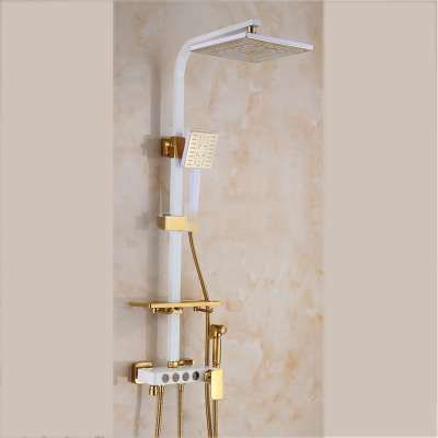 Bathroom Wall Mounted 4-way Control Rain Exposed Shower Bar Set with Hand Shower ,White & Gold Finish