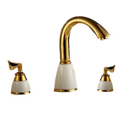 HOMEDEC 2-Handle Bathroom Sink Faucet,Ceramic Basin Sink Mixer Tap,3 Pcs Golden Color Deck Mounted Lavatory Faucet Mixer